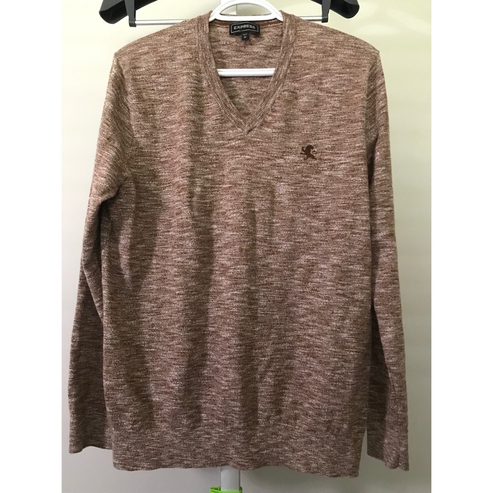 Mens V-Neck Sweater Marled Cotton embroidered lion logo preppy business casual
